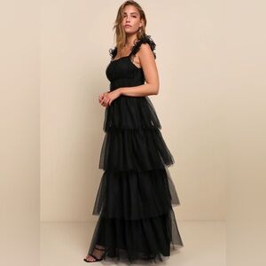 Lulus Tulle For Love Black Mesh Tulle Tiered Ruffled Maxi Dress